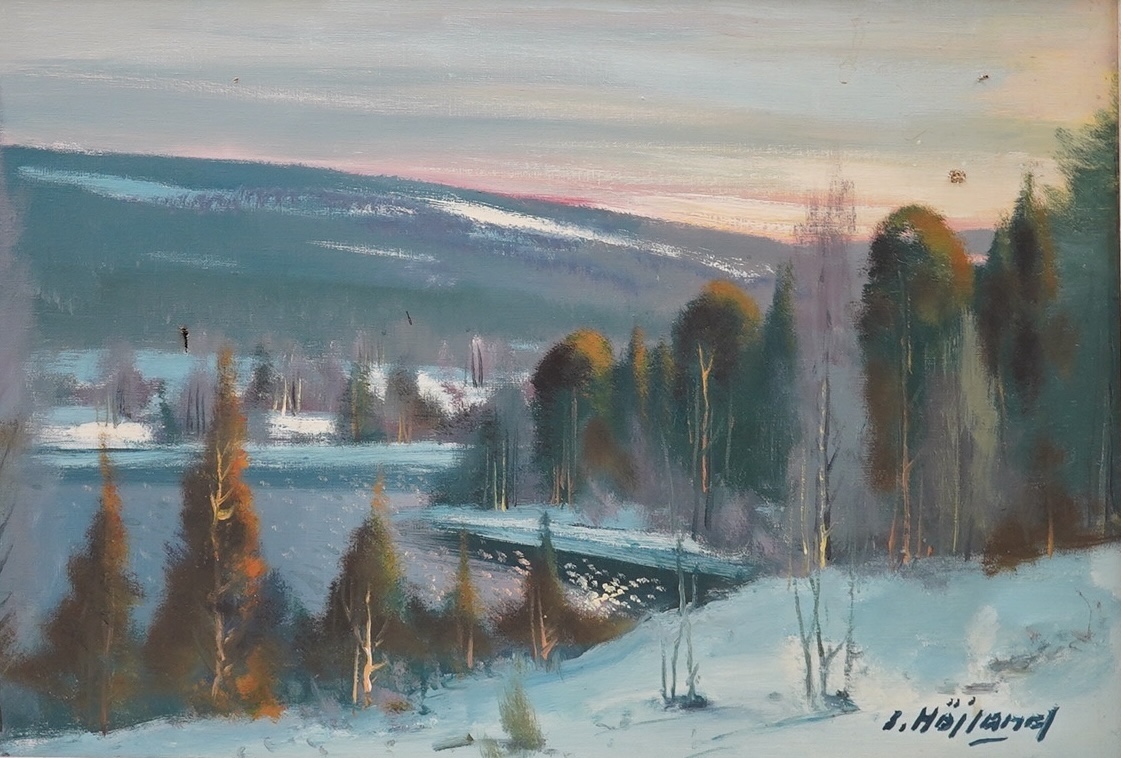 Sven-Erik Hojland (Swedish, 1922-1979), oil on canvas, Winter landscape, signed, 43 x 64cm. Condition - poor